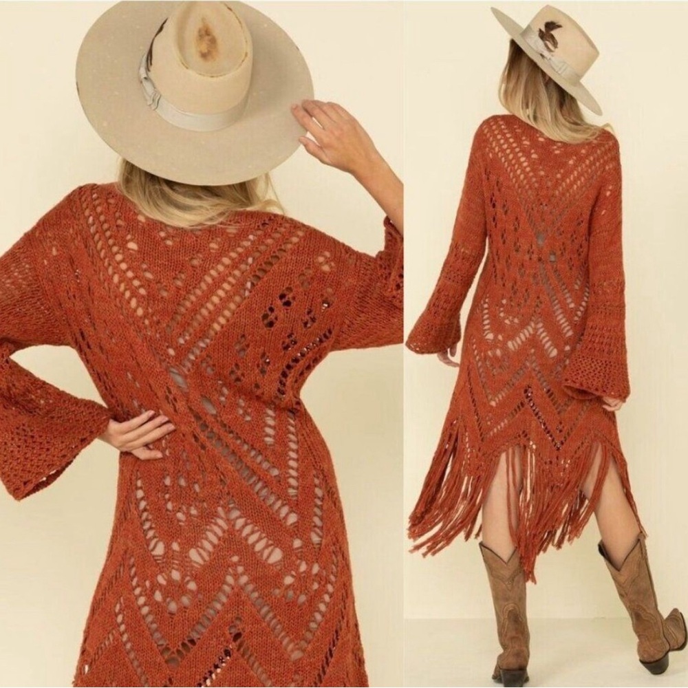 Free People Constellation Crochet Sweater Knit Fringe Tunic Midi Dress Boho - Picture 2 of 3